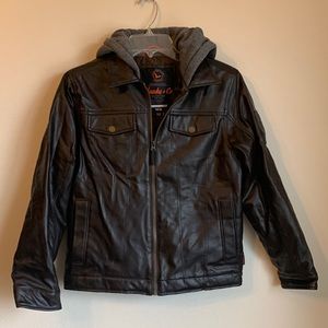 Hawke & Co. boys Faux Leather Hooded Bomber Jacket Sz 14/16